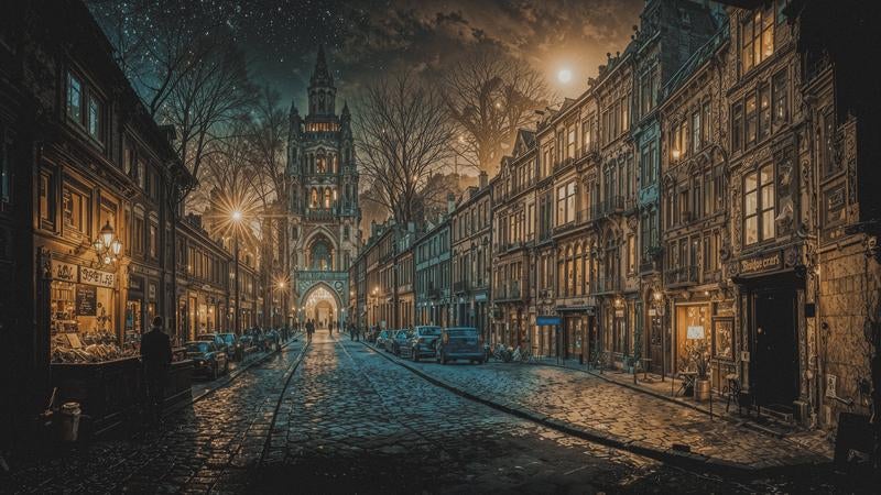 星降る夜に輝く中世の街並みの写真