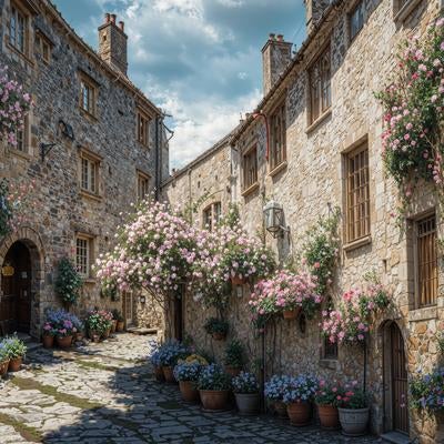 ピンクの花が彩る夢のようなヨーロッパ風の裏道の写真