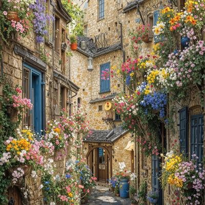 石造建築と色とりどりの花々が織りなす路地裏風景の写真