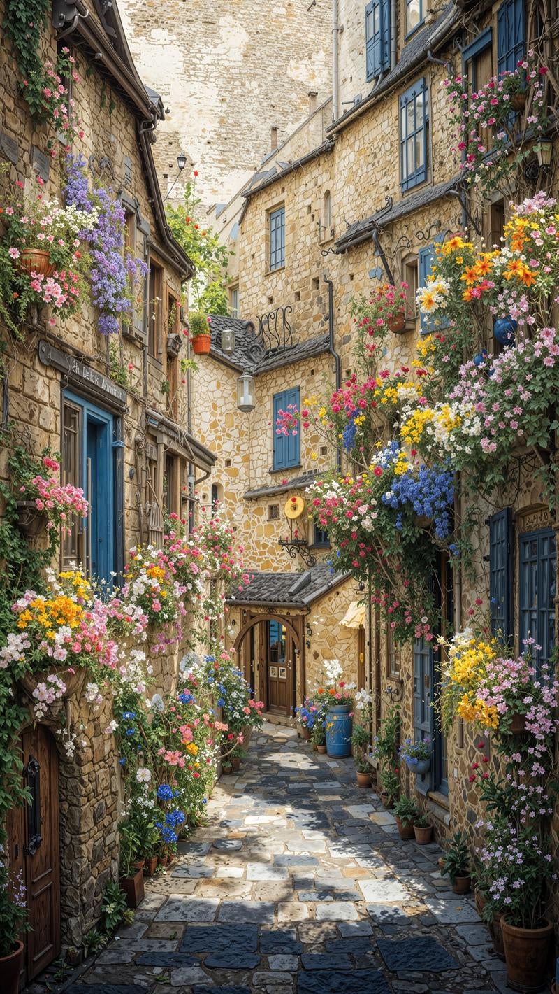「石造建築と色とりどりの花々が織りなす路地裏風景」の写真