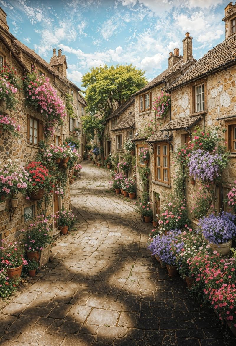 石造建築の路地に花鉢が下がる中世風のヨーロッパ石畳街並み