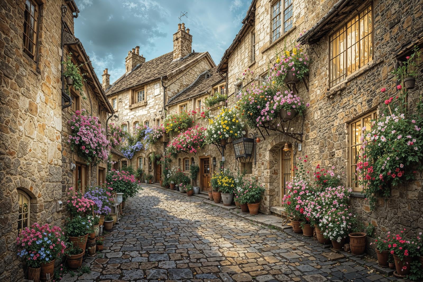 石畳の路地に咲くピンクや紫の花と中世風の石造建築が並ぶ街並み