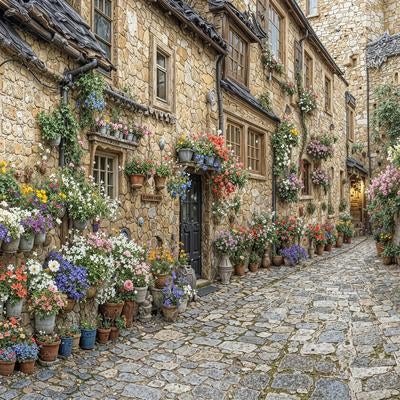 石壁の家並みに花が映える街角の写真