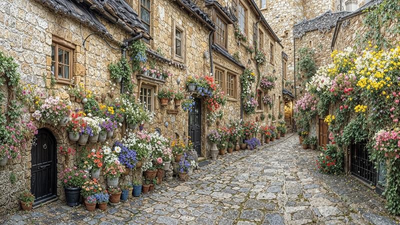 石壁の家並みに花が映える街角の写真