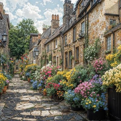 まるで絵本のようなヨーロッパ風の石畳の路地に咲く窓辺花壇の写真