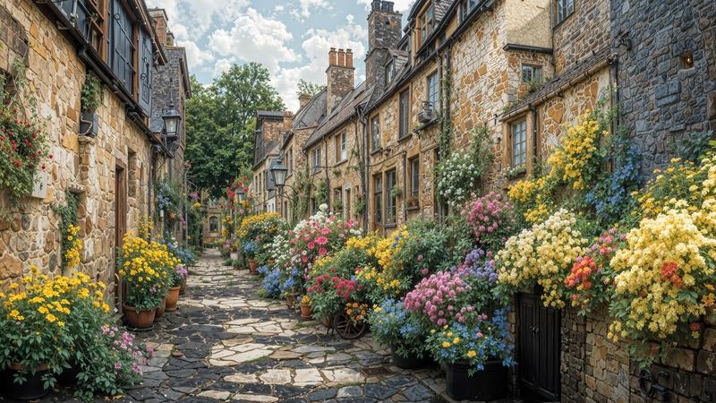 まるで絵本のようなヨーロッパ風の石畳の路地に咲く窓辺花壇