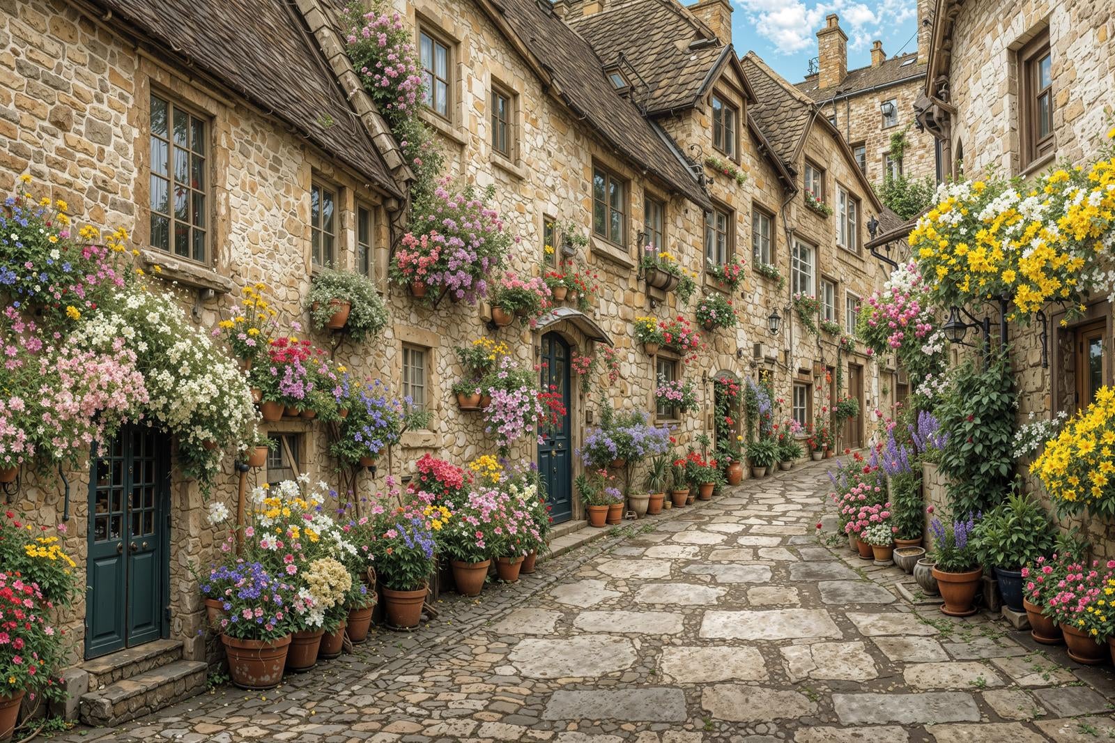 石造りの建物の壁に花鉢が飾られた石畳の路地をヨーロッパ風の街並みとして描いたAI画像