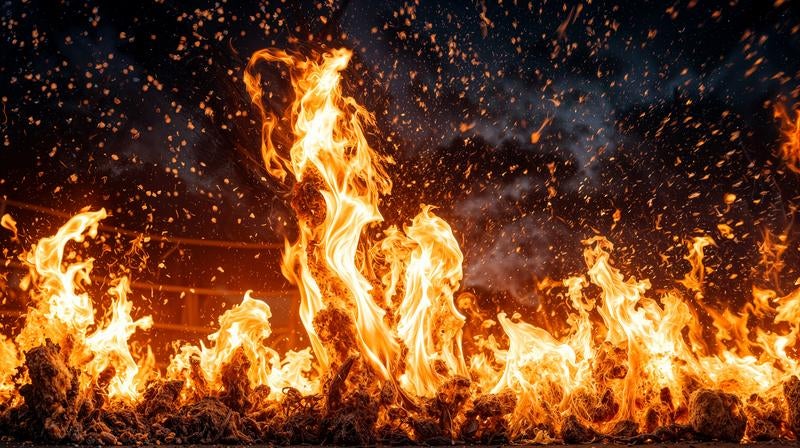 激しく燃え上がる地上の炎舞の写真