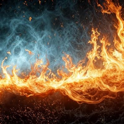 炎と蒼煙が交錯する幻想的な境界線の写真