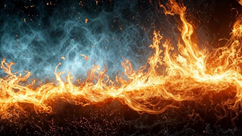 炎と蒼煙が交錯する幻想的な境界線の写真