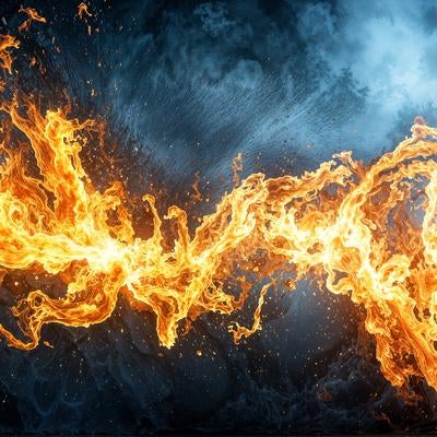 闇と霧に包まれた森を炎が走り抜ける様子の写真
