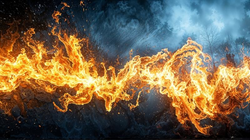 闇と霧に包まれた森を炎が走り抜ける様子の写真