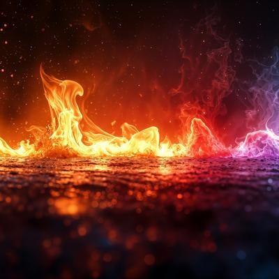 オレンジから青へ変化する炎が地面に広がるグラデーションの写真