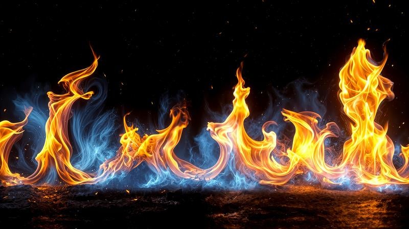 絡み合いながら燃え上がる青とオレンジの炎の写真