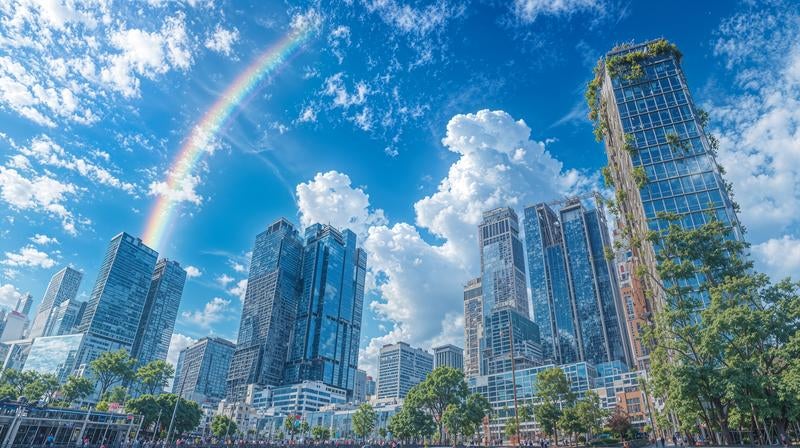 虹が架かる青空と高層ビル群の写真