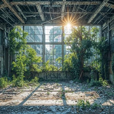 緑が芽吹く朽ち果てた廃墟の写真