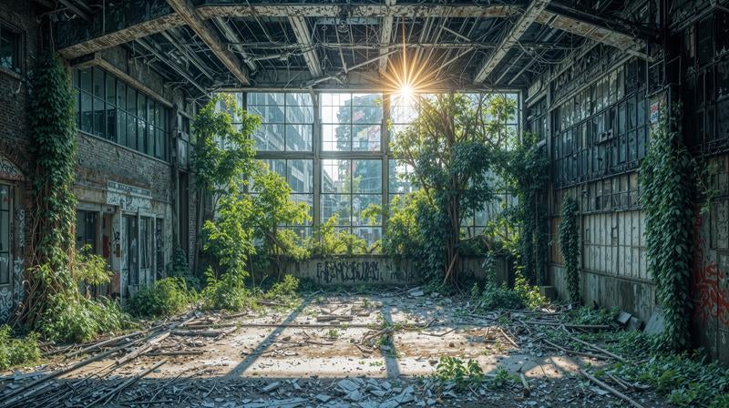 緑が芽吹く朽ち果てた廃墟の写真