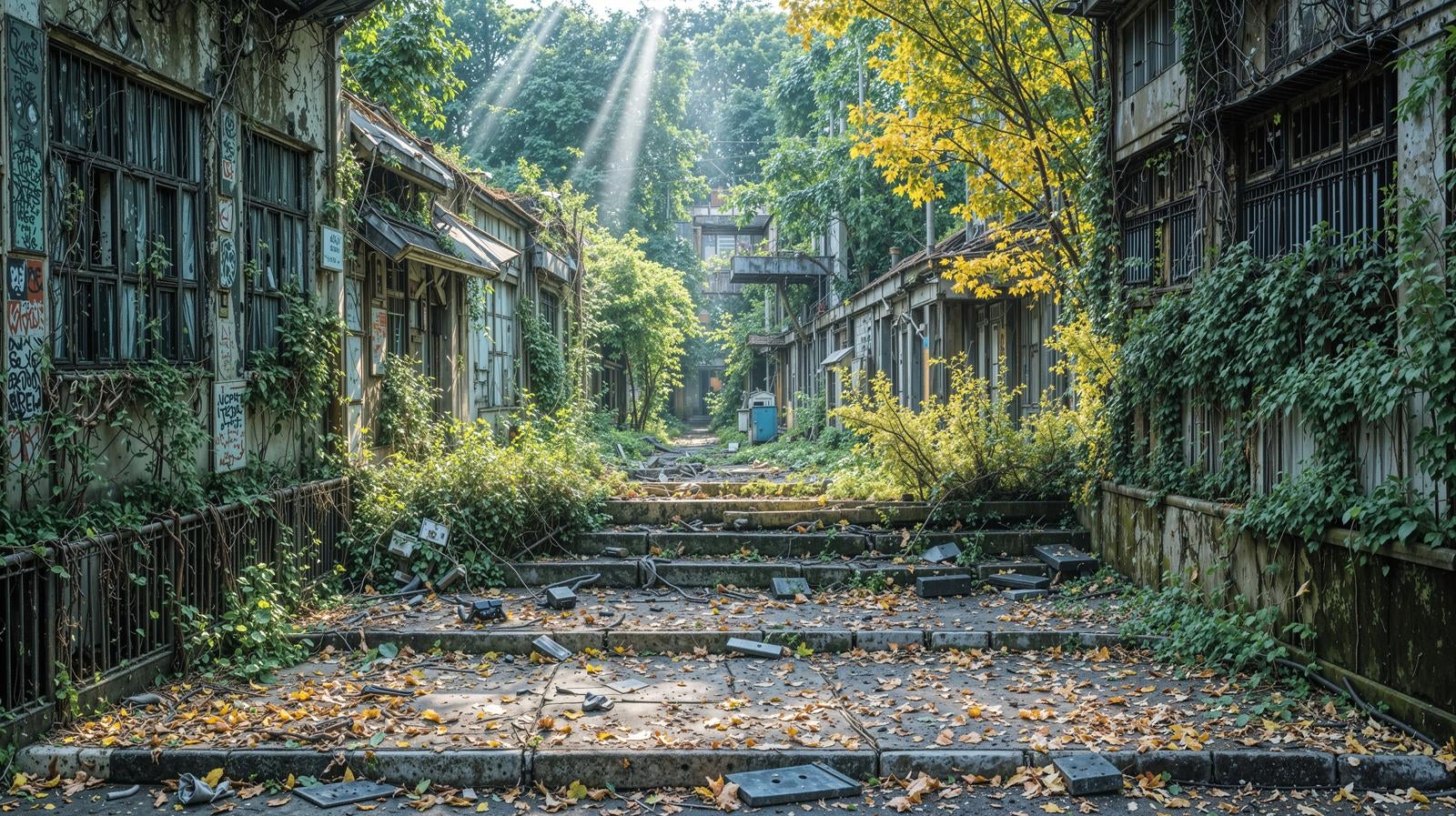 「廃墟となった建物群と荒れ果てた道」の写真