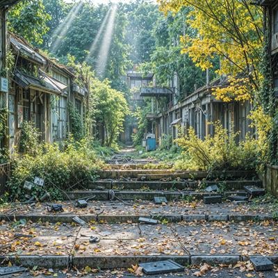 廃墟となった建物群と荒れ果てた道の写真