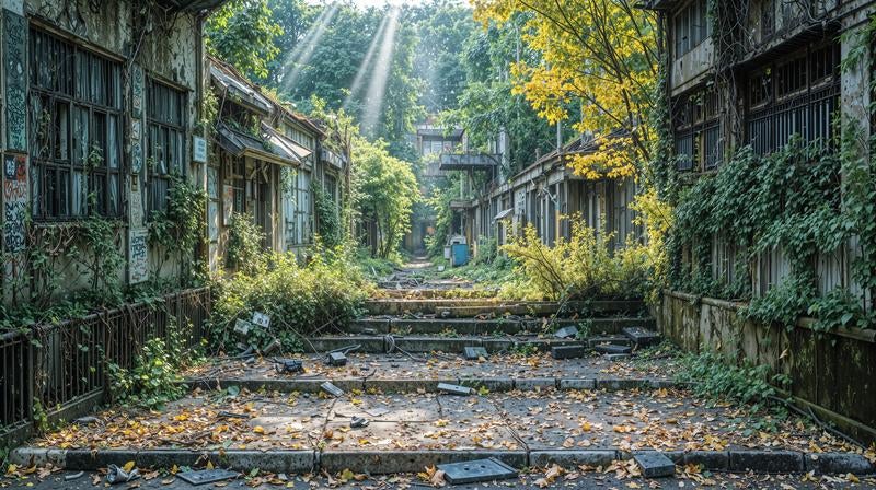 廃墟となった建物群と荒れ果てた道の写真
