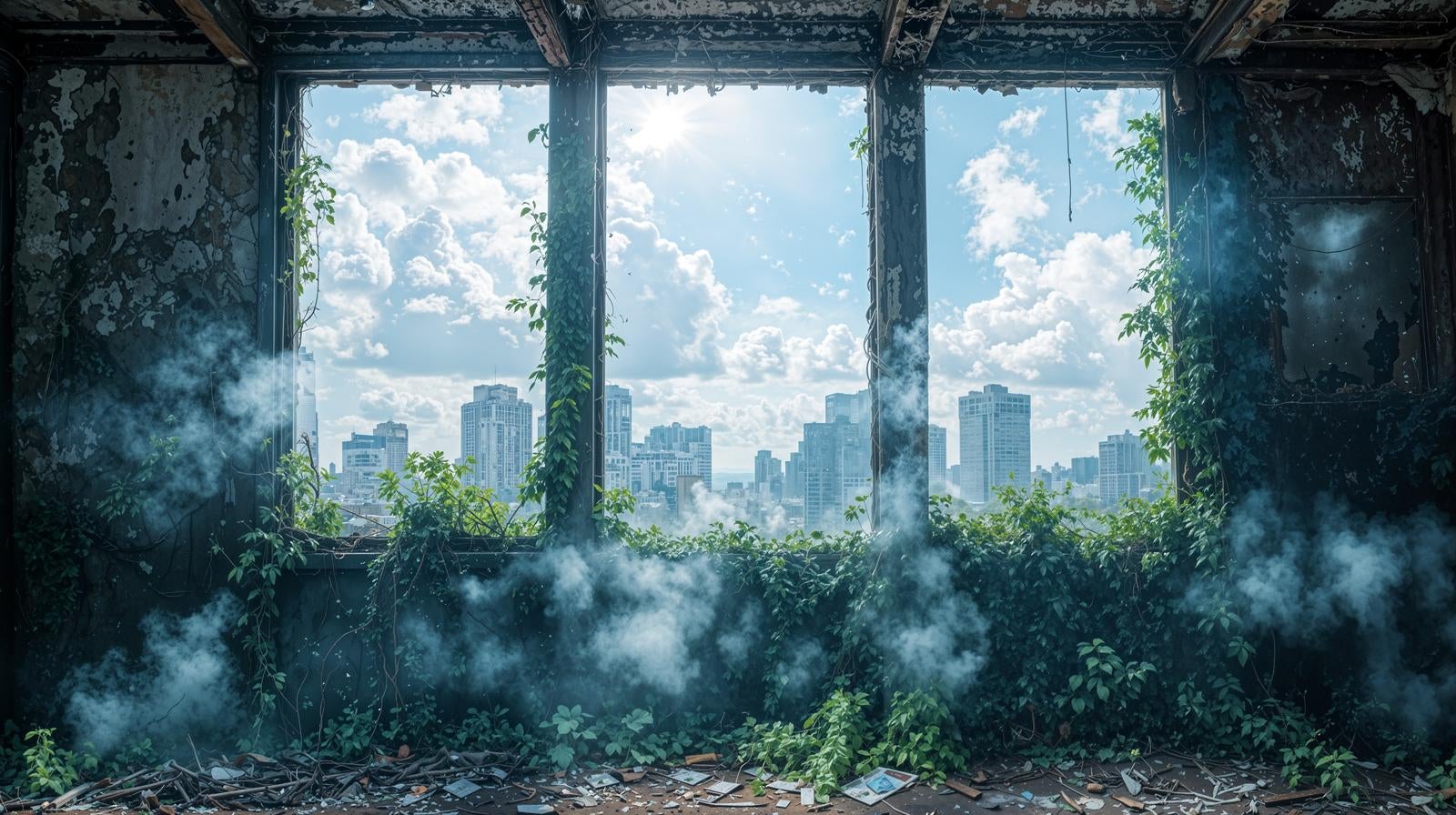 「朽ちた建物の窓から望む高層ビルが立ち並ぶ都市」の写真