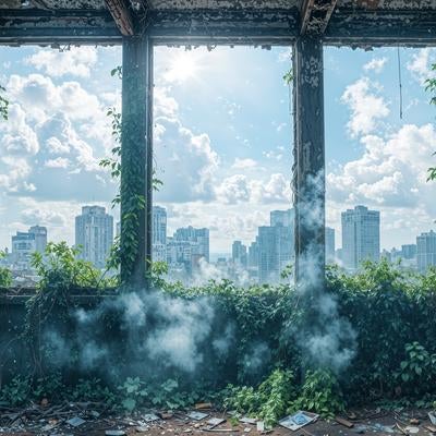 朽ちた建物の窓から望む高層ビルが立ち並ぶ都市の写真