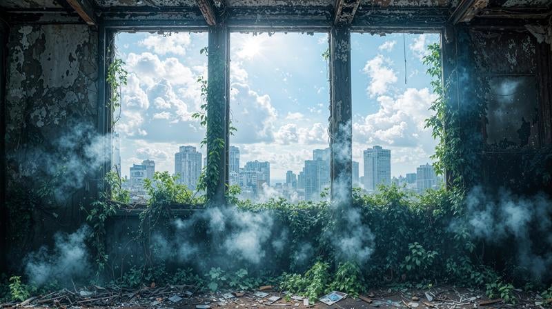 朽ちた建物の窓から望む高層ビルが立ち並ぶ都市の写真