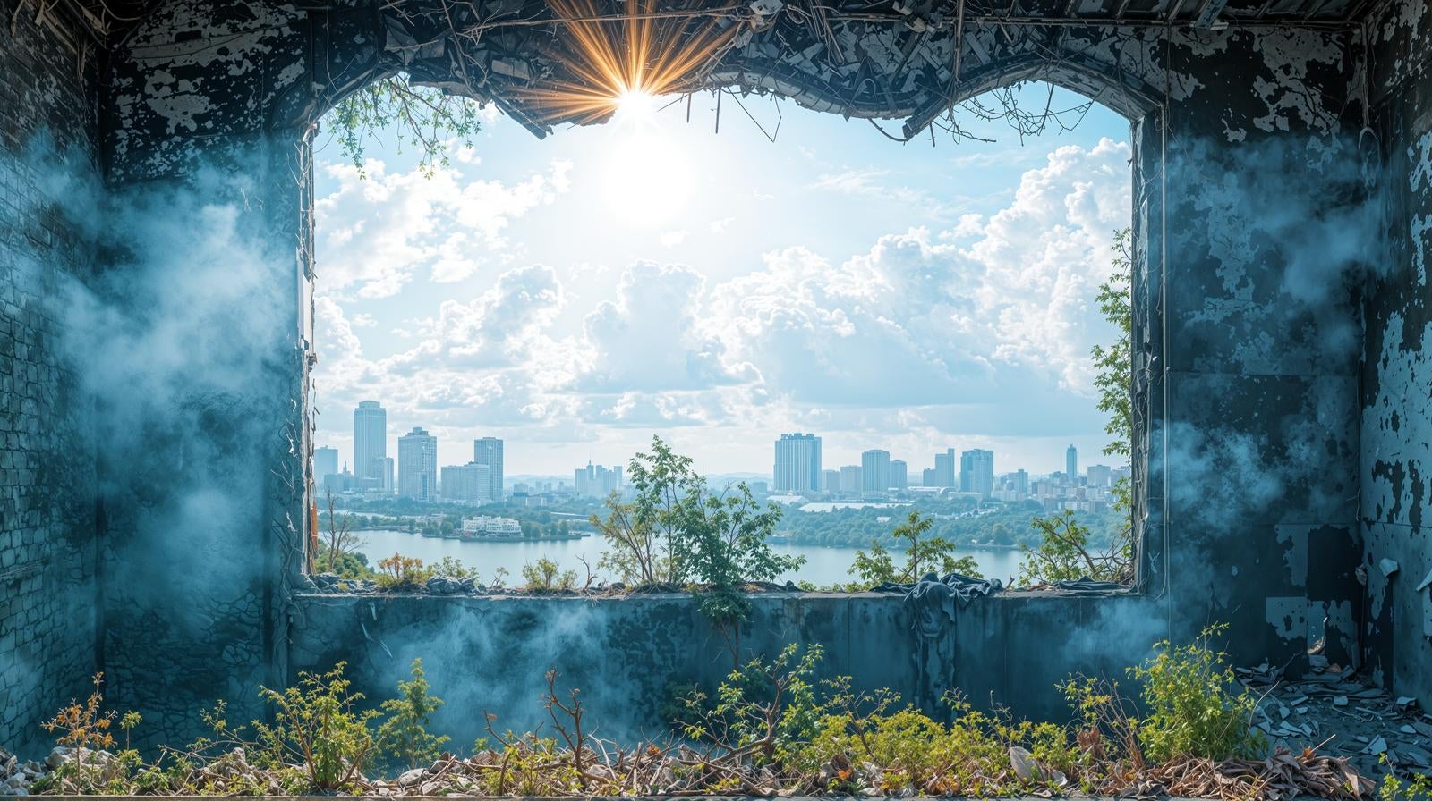 「建物の残骸から広がる都市と水辺の景色」の写真