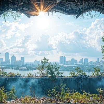建物の残骸から広がる都市と水辺の景色の素材
