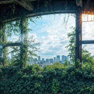 朽ちた窓枠越しに広がる緑と都市のコントラストの写真