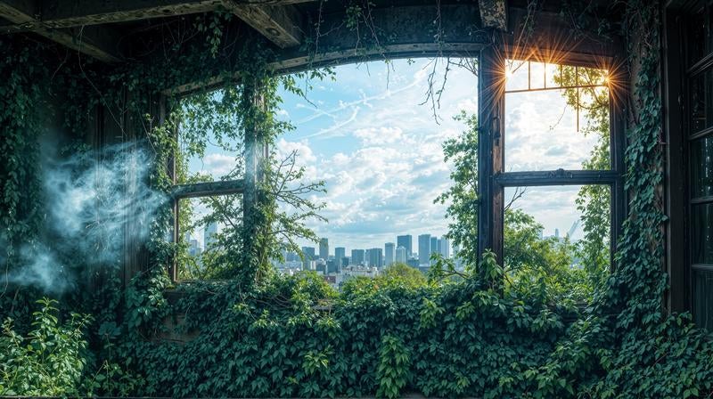 朽ちた窓枠越しに広がる緑と都市のコントラストの写真