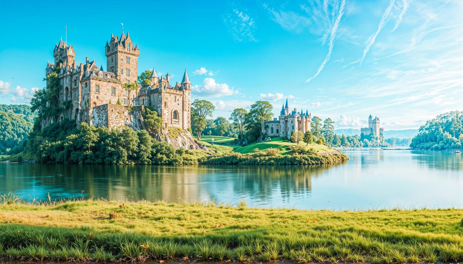 湖畔に建つ中世ヨーロッパ風の古城群と穏やかな湖面の風景