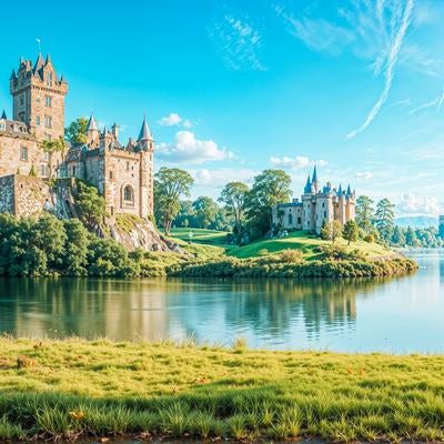 湖面に映り込む石造りの古城と城塞の写真