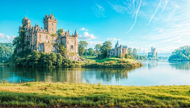 湖面に映り込む石造りの古城と城塞の写真