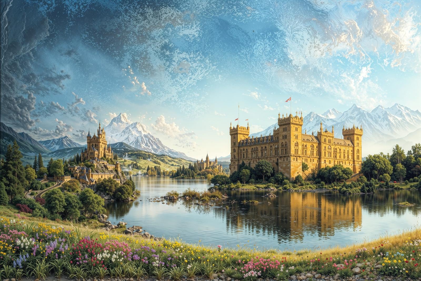 アルプス風の雪山と花畑に囲まれた湖に佇む中世ヨーロッパ調の古城
