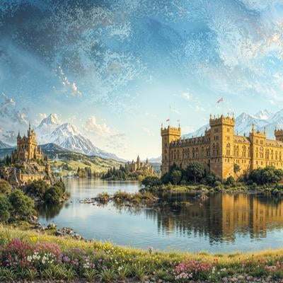 雄大な山々を背景に湖畔にそびえる中世古城と色とりどりの花畑の写真