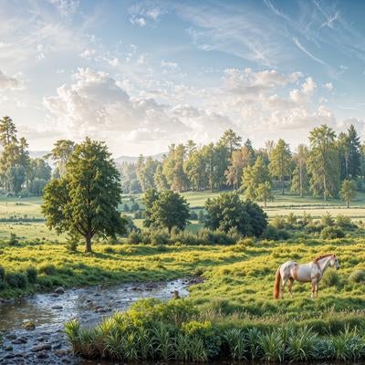 小川のほとりで草を食む白馬と牧草地の写真