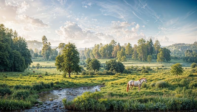 小川のほとりで草を食む白馬と牧草地の写真