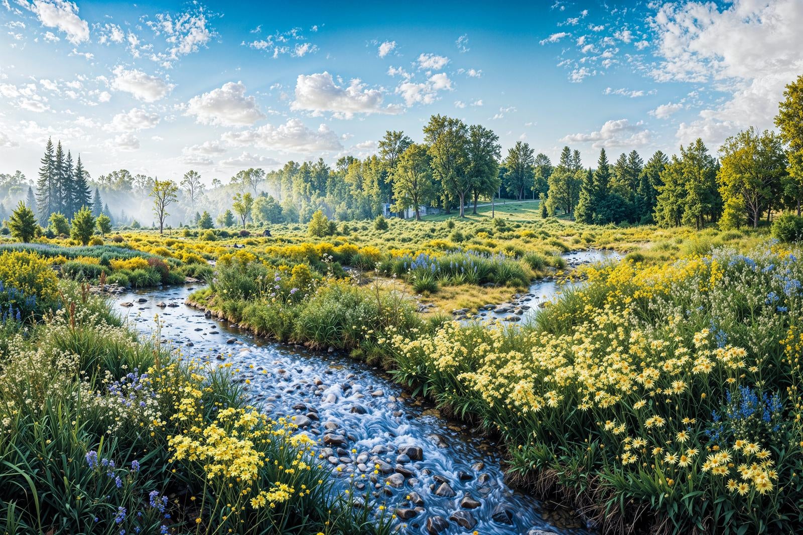 小川沿いに咲く黄色い野花と緑の林に囲まれた田園風景