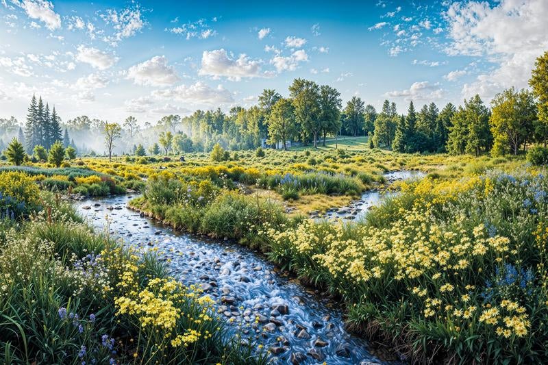 澄んだ小川と両岸に咲く黄色い野花の田園風景の写真