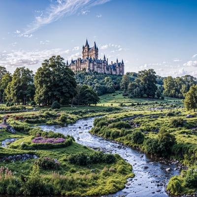 丘の上の古城と小川が流れる緑の牧草地の写真
