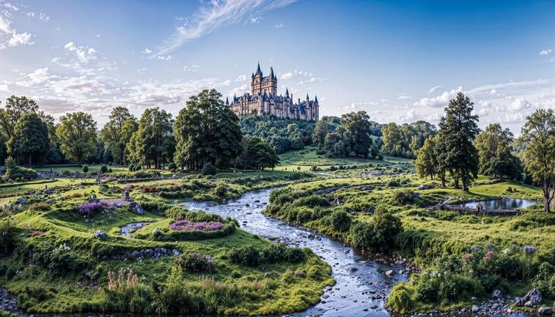 丘の上の古城と小川が流れる緑の牧草地の写真