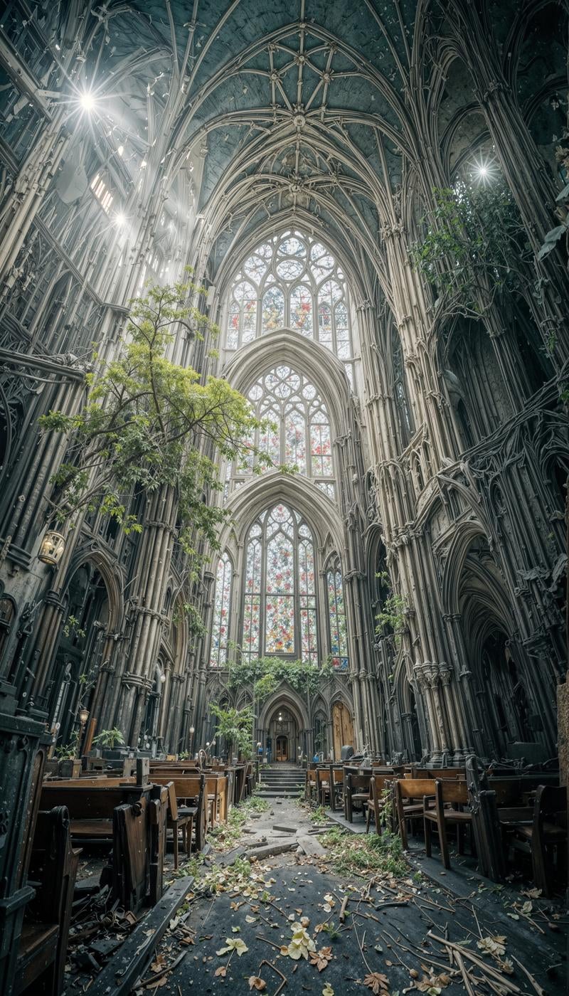 Ruined Gothic Cathedral Reclaimed by Verdant Growth