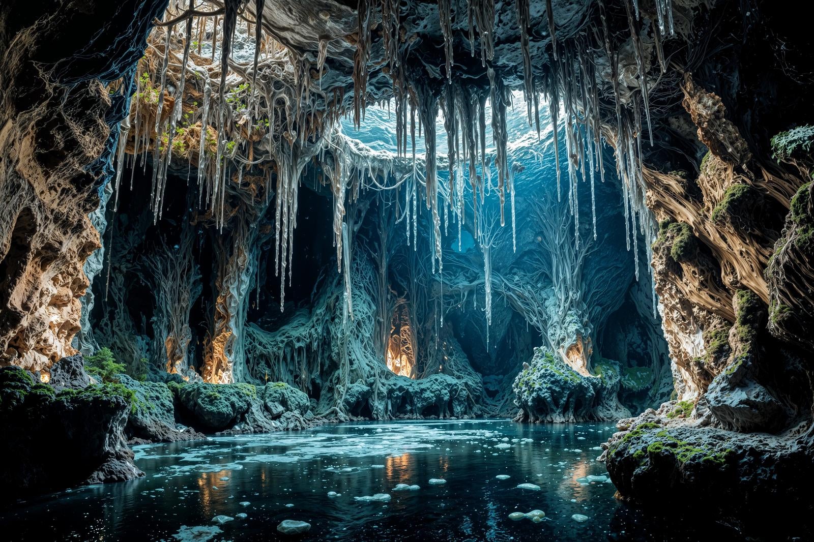 石灰岩の洞窟内で鍾乳石が垂れ下がり、透明な地下水が流れている景観