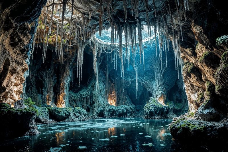 石灰岩の岩壁から垂れ下がる鍾乳石と清流が流れる鍾乳洞の写真