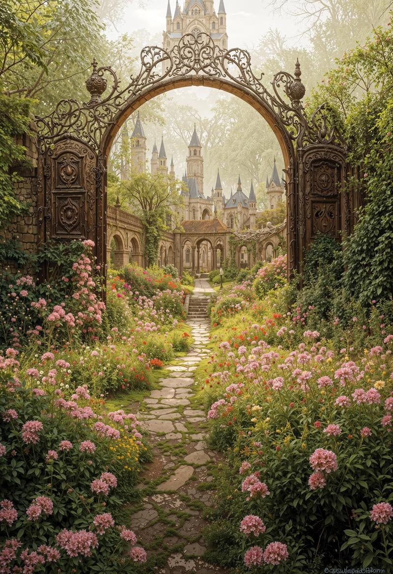 中世風建築を望む薔薇咲く庭園入口の写真