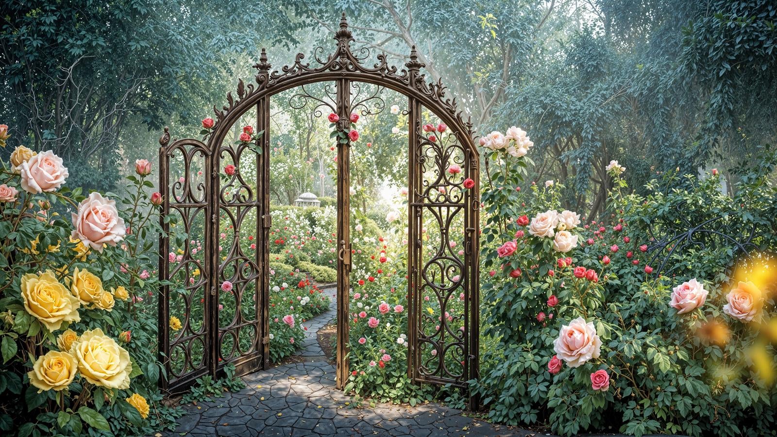 「薔薇に囲まれた鉄製ガーデンゲート」の写真