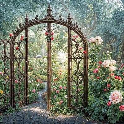 薔薇に囲まれた鉄製ゲートの写真