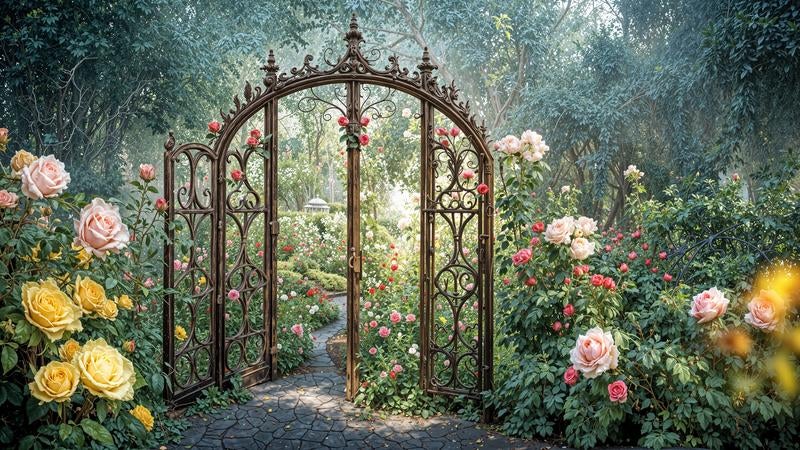 薔薇に囲まれた鉄製ガーデンゲートの写真