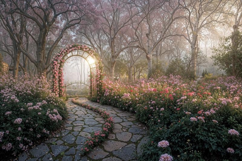 朝霧に包まれたピンクのバラのアーチと石畳の散策路の写真